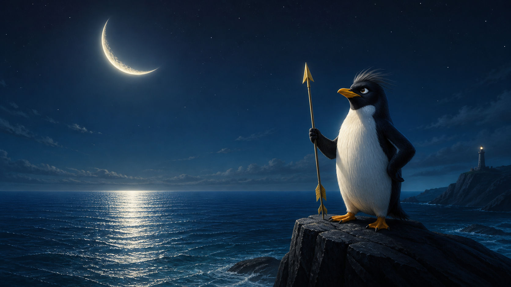 Pinguim do DONE LINUX segurando uma flecha diante do oceano sob a lua