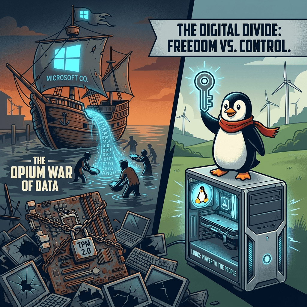 Ilustração sobre o cerco tecnológico do TPM 2.0 e a liberdade do Linux